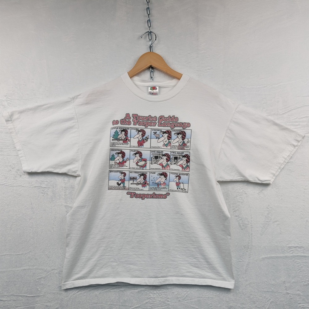 VTG Fruit of the Loom T-Shirt Men's XL White Yooper Language Humor Cartoon Y2K